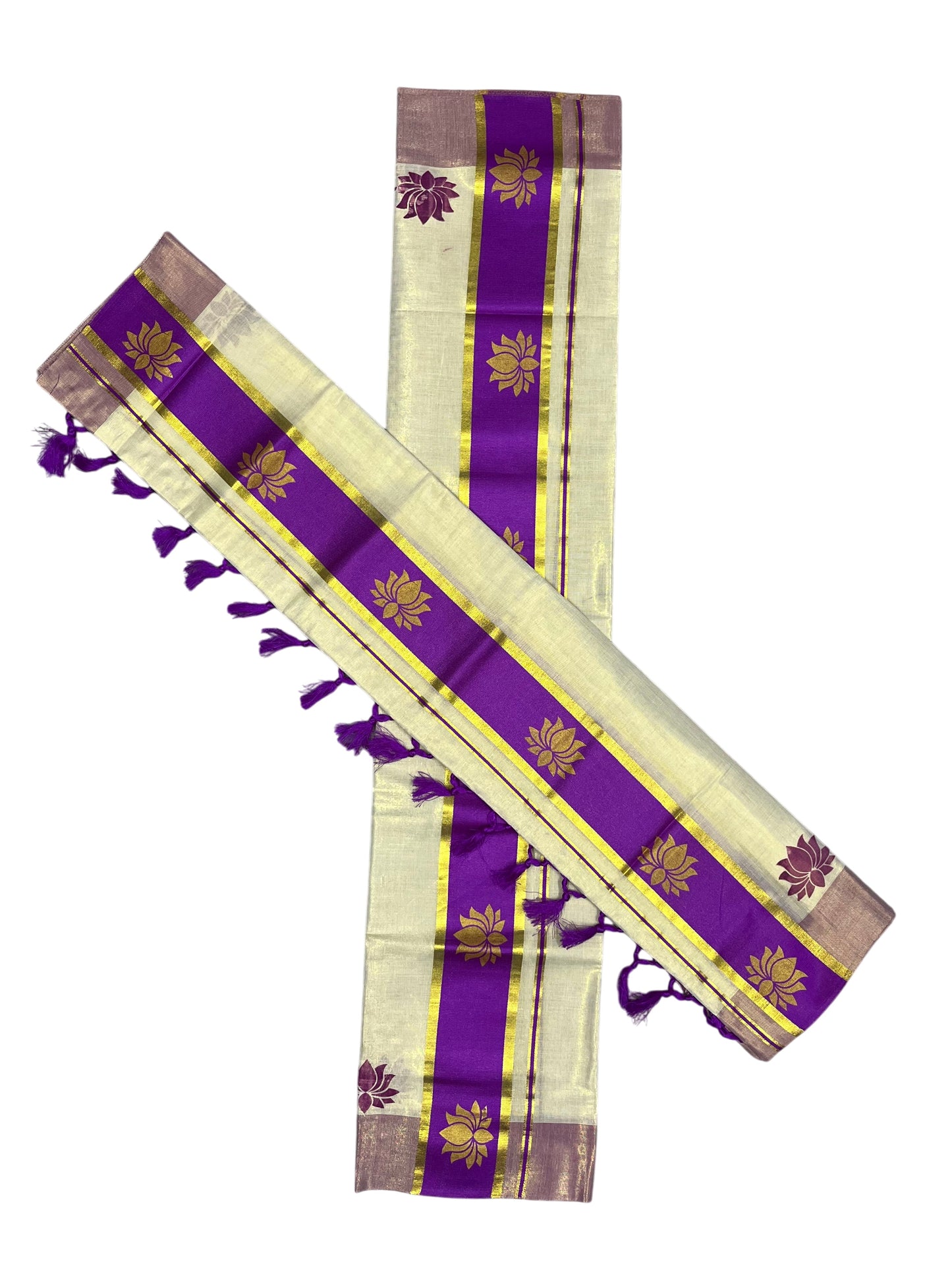 Southloom Kerala Cotton Kasavu Single Set Mundu (Mundum Neriyathum) with Lotus Design in Magenta
