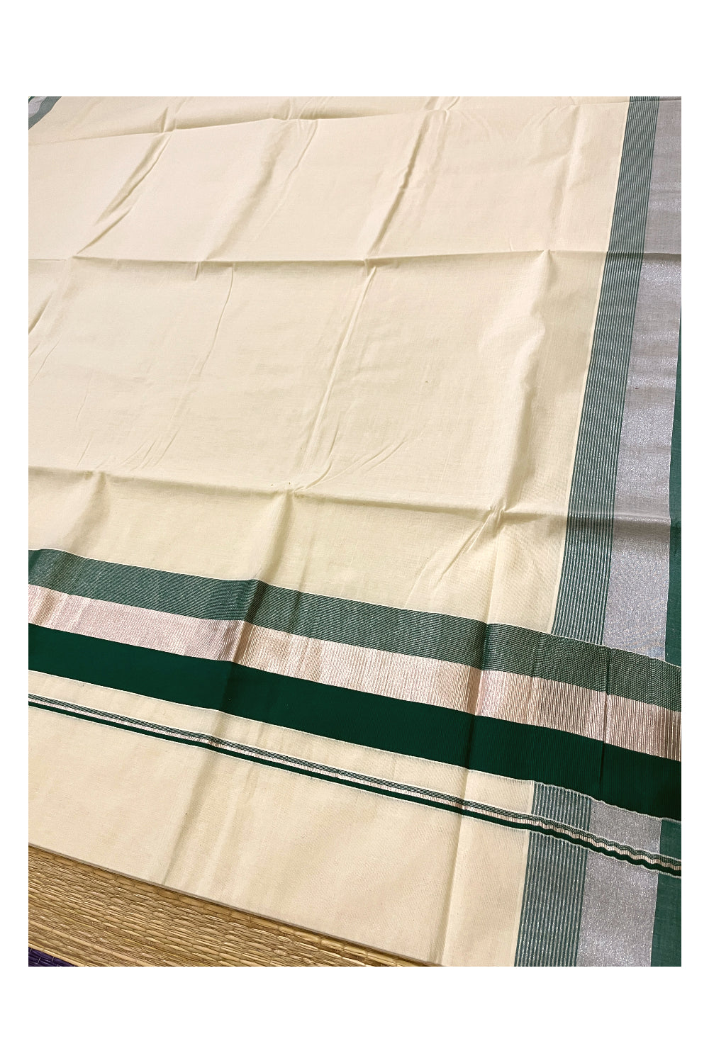 Kerala Pure Cotton Plain Saree with Silver Kasavu and Green Border