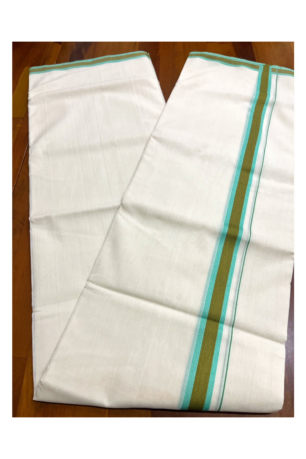 Premium Balaramapuram Handloom Unakkupaavu Cotton Double Mundu with Turquoise and Green Border (Onam 2024 Collection)