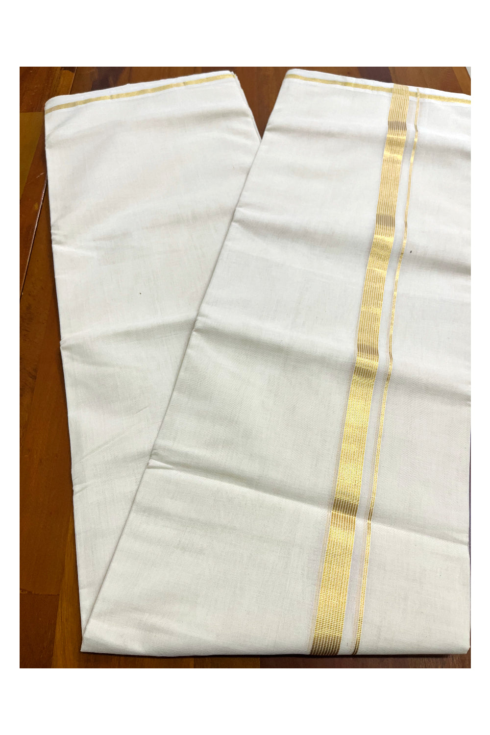 Premium Balaramapuram Handloom Unakkupaavu Cotton Double Mundu with 1 inch Kasavu Lines Border (Vishu 2024 Collection)