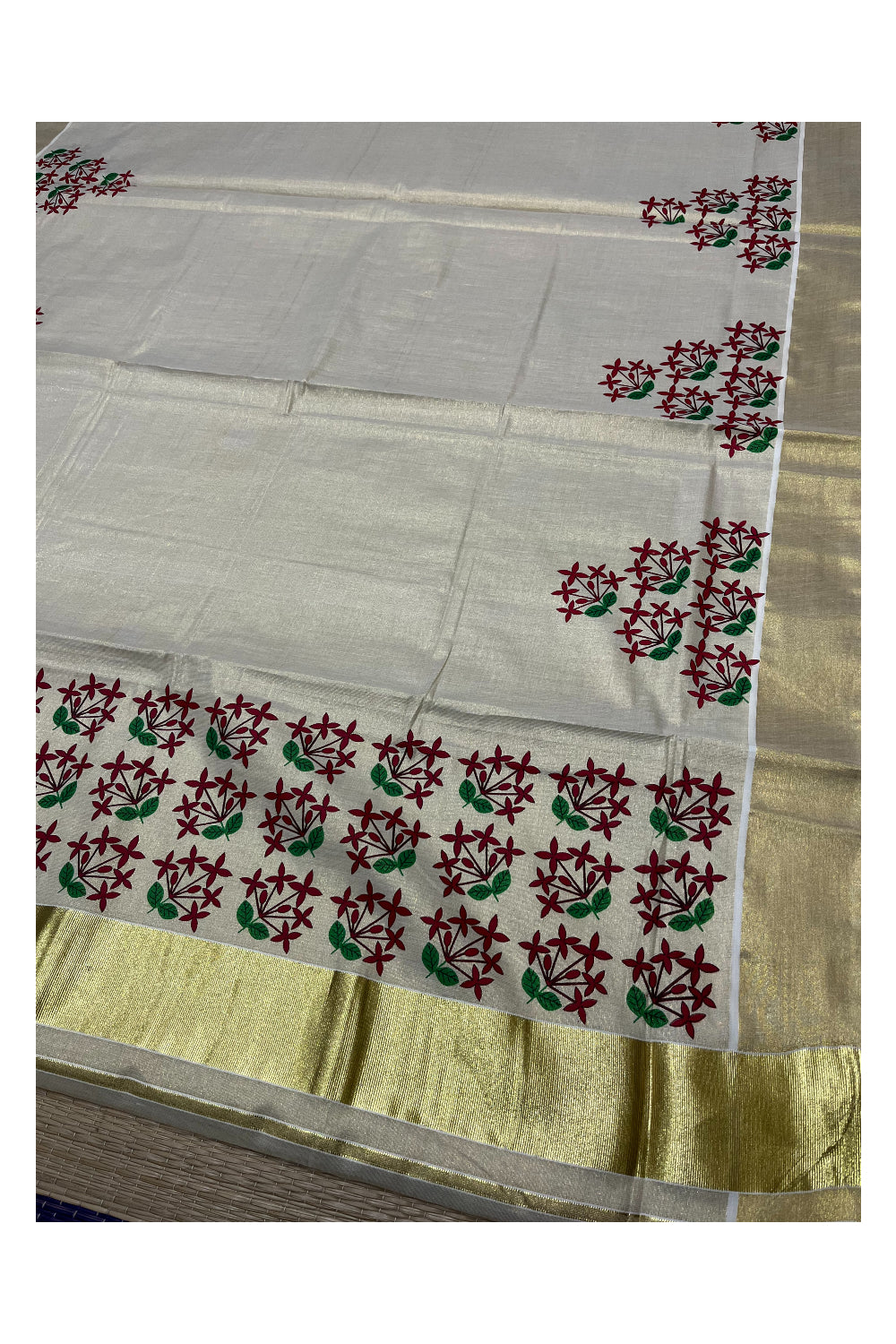 Kerala Tissue Kasavu Saree with Maroon Floral Prints on Body and Kasavu Border