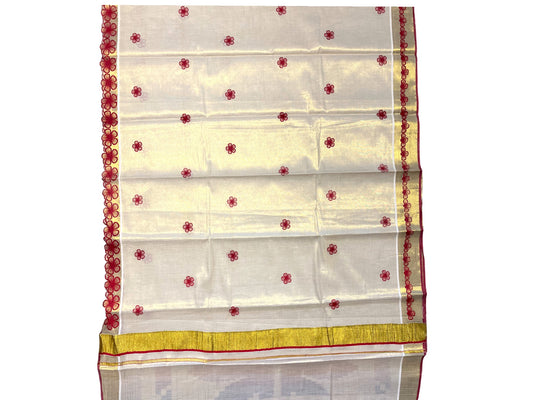 Southloom Kerala Tissue Kasavu Saree with Red Floral Embroidery on Body and Border