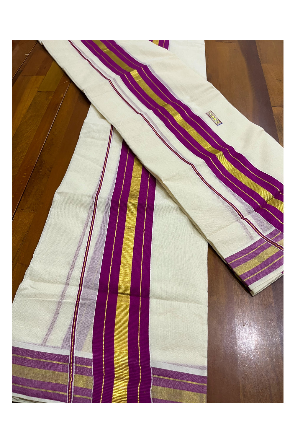 Kerala Cotton Set Mundu (Mundum Neriyathum) with Magenta and Kasavu Border 2.80 Mtrs