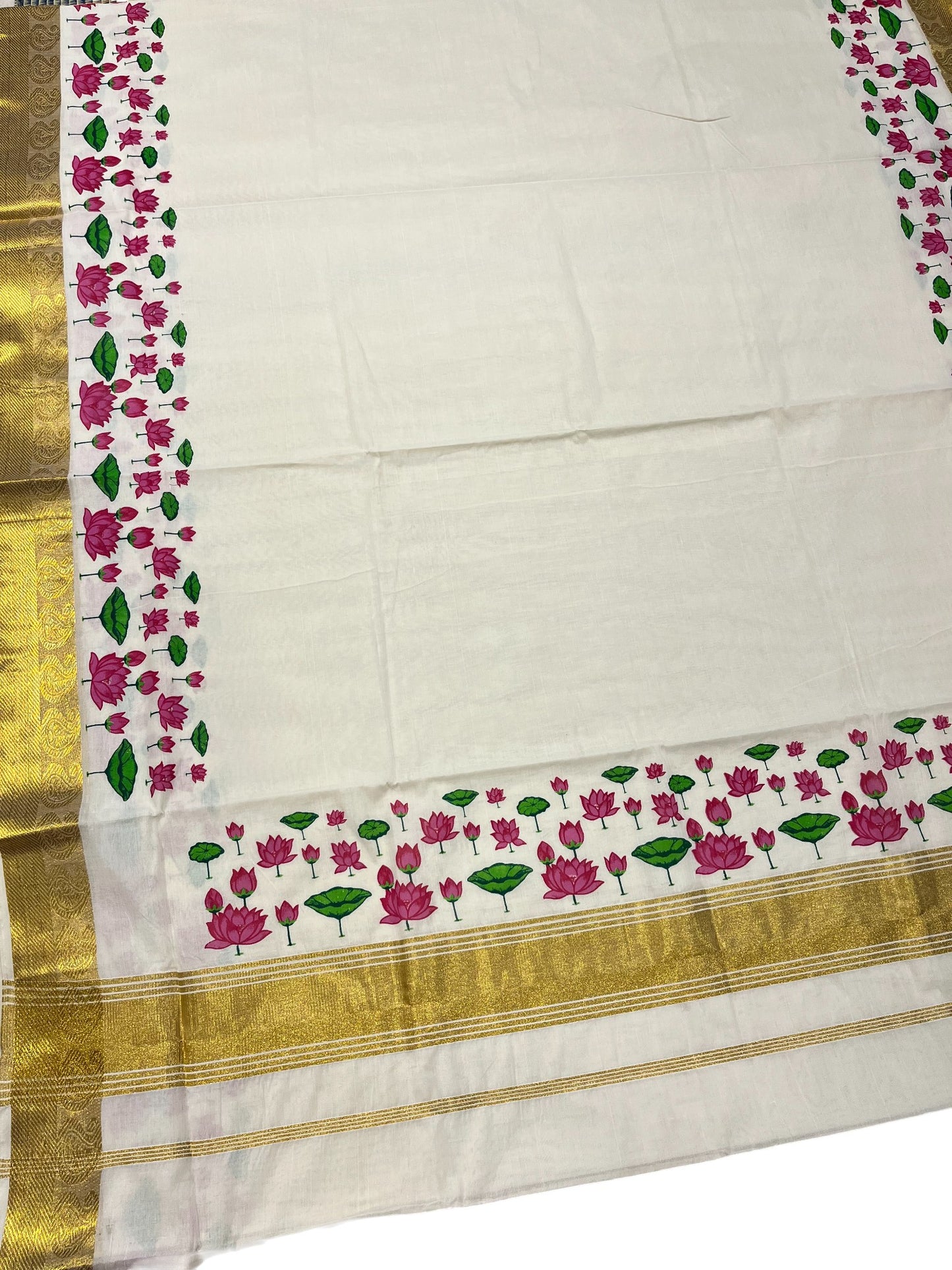 Southloom Cotton Kasavu Saree with Lotus Hanpainted Designs