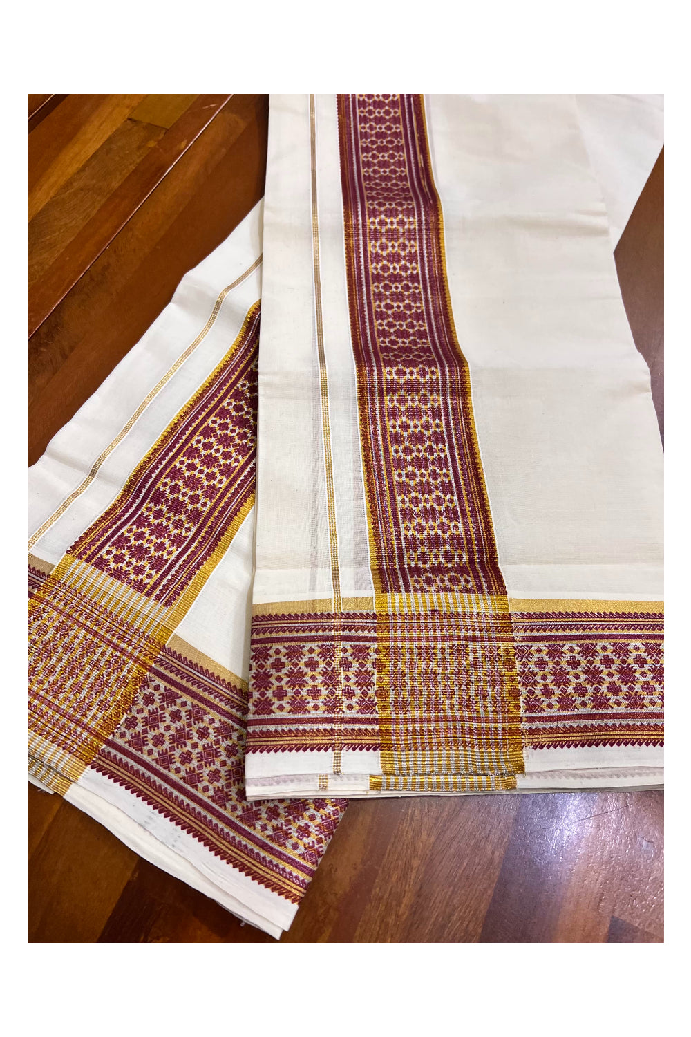 Kerala Pure Cotton Set Mundu Single (Mundum Neriyathum) with Red Block Prints on Kasavu Border (Vishu 2024 Collection)