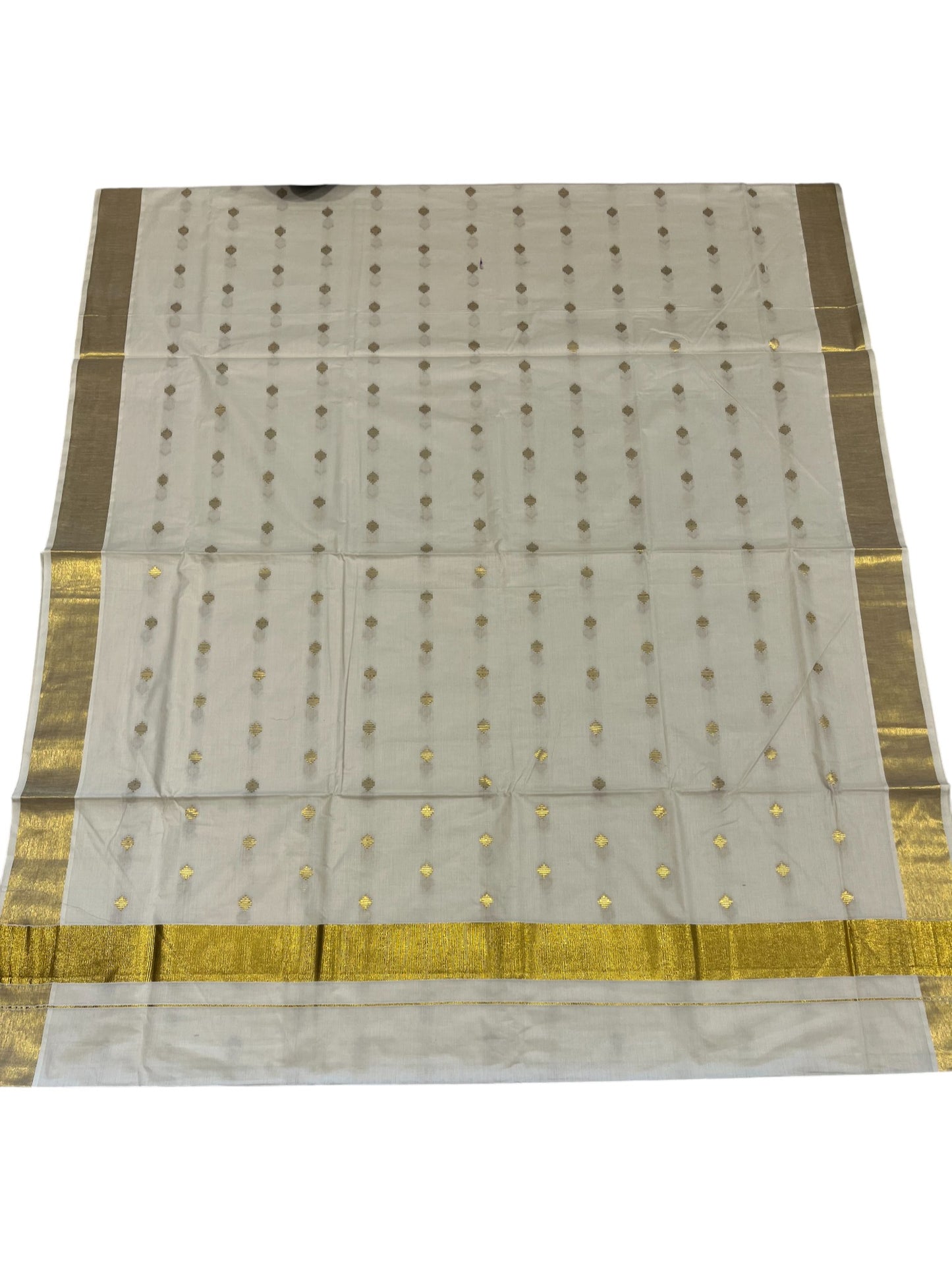 Kerala Cotton Kasavu Plain Saree with Gold Polka with Embroidery Works