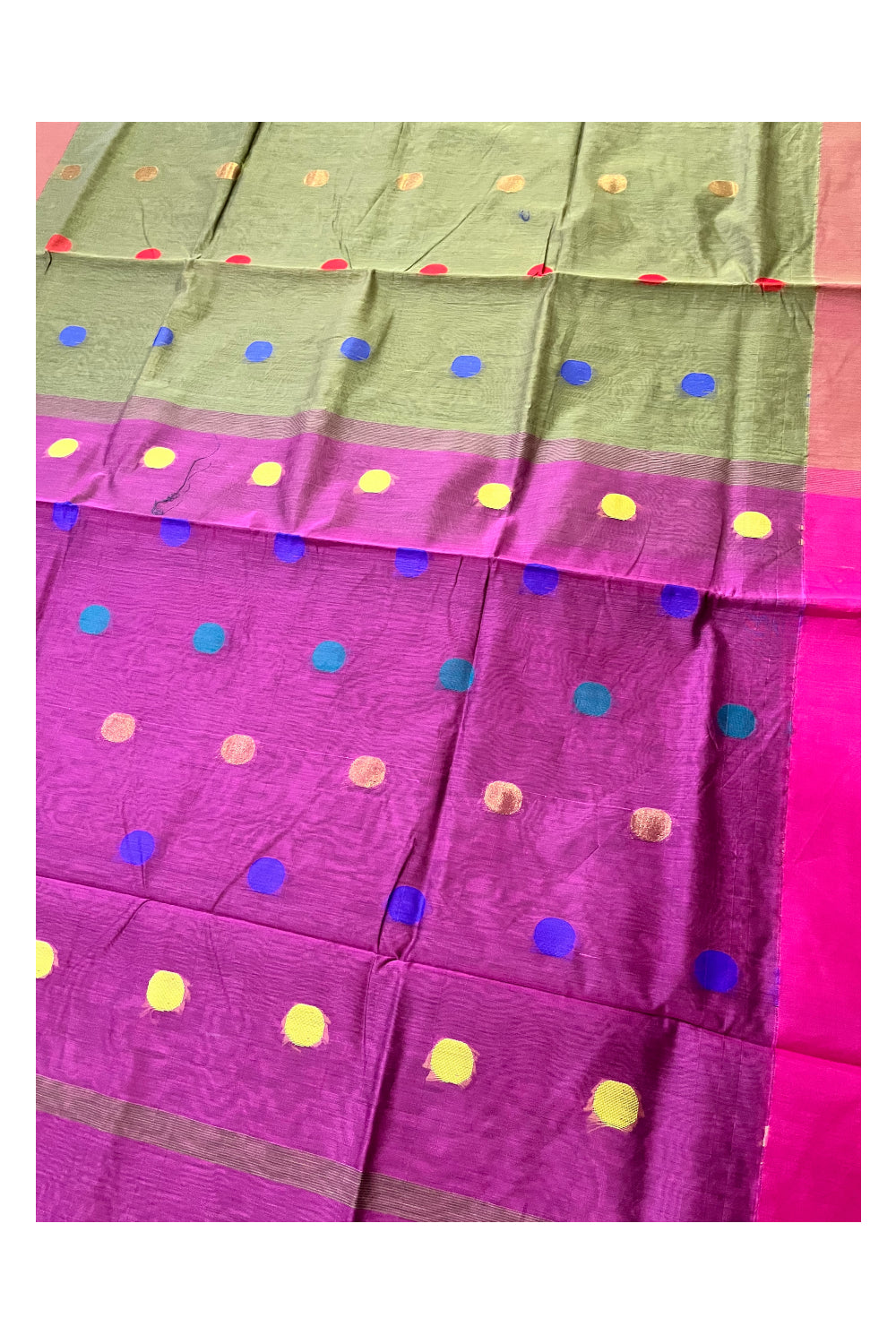 Southloom Cotton Green Saree with Polka Woven Designs and Magenta Border