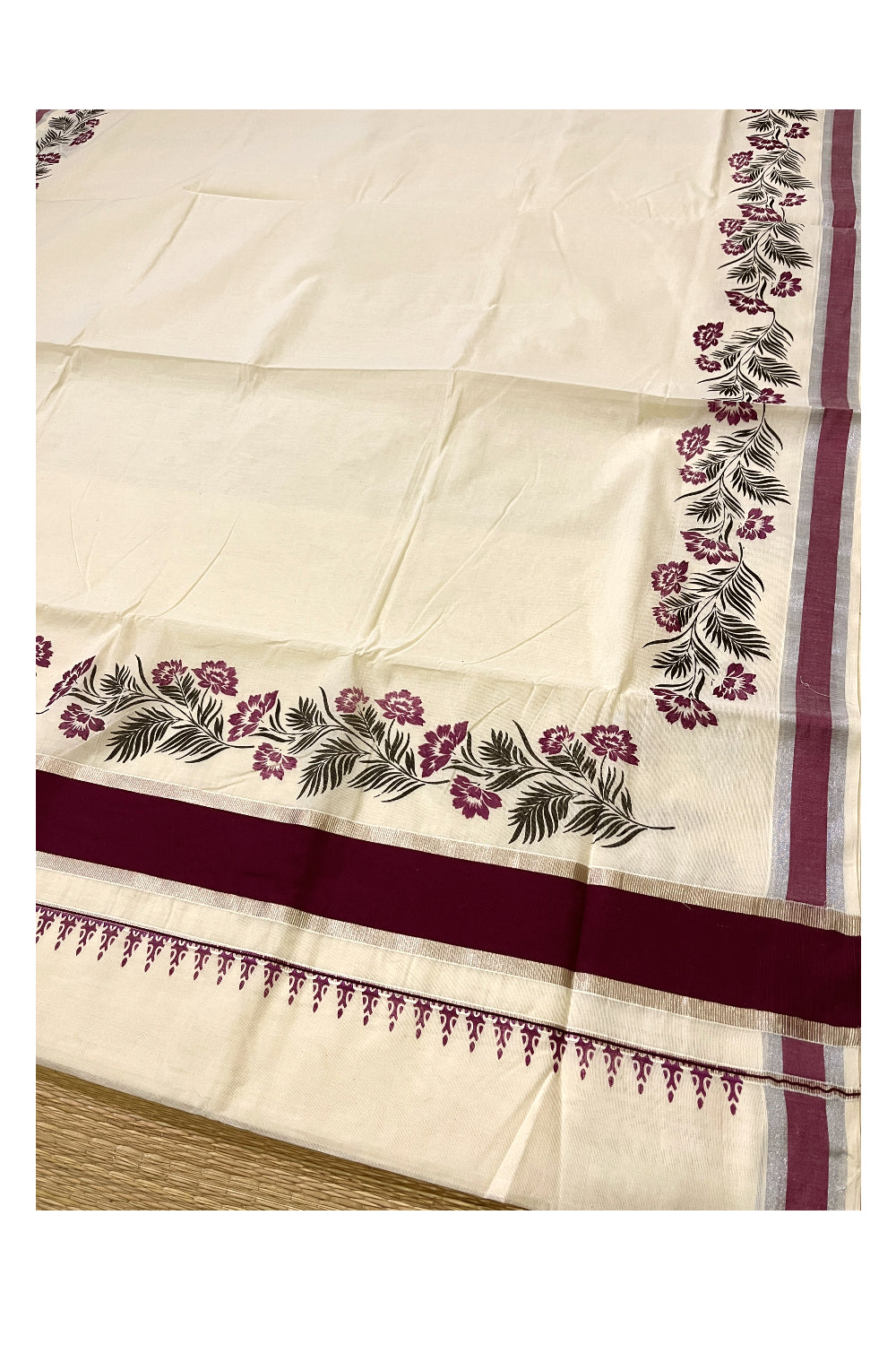 Pure Cotton Kerala Saree with Purple and Black Floral Block Prints and Silver Purple Border