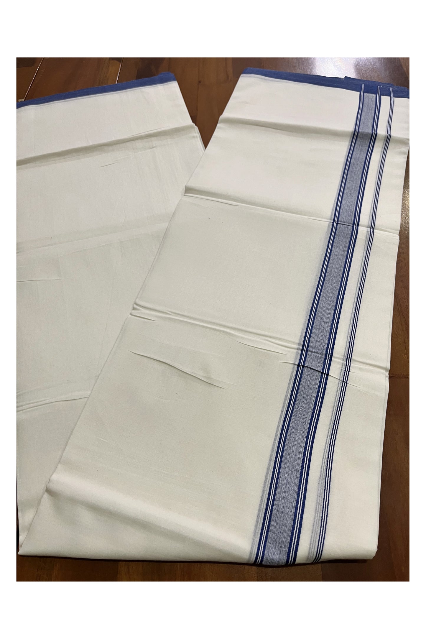 Pure White Cotton Double Mundu with Blue Border (Vishu 2024 Collection)