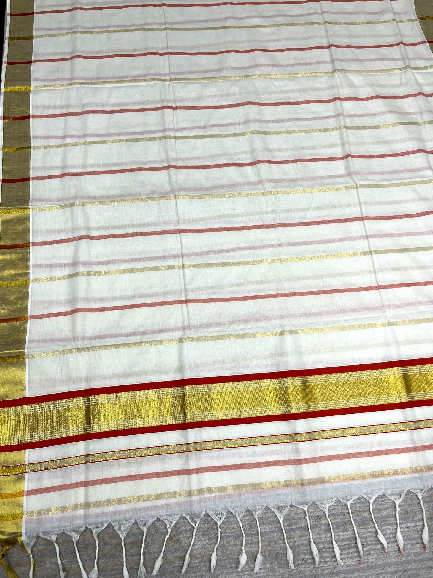 Southloom Kerala Cotton Kasavu Saree with Gold And Orange Lines on Body SL331
