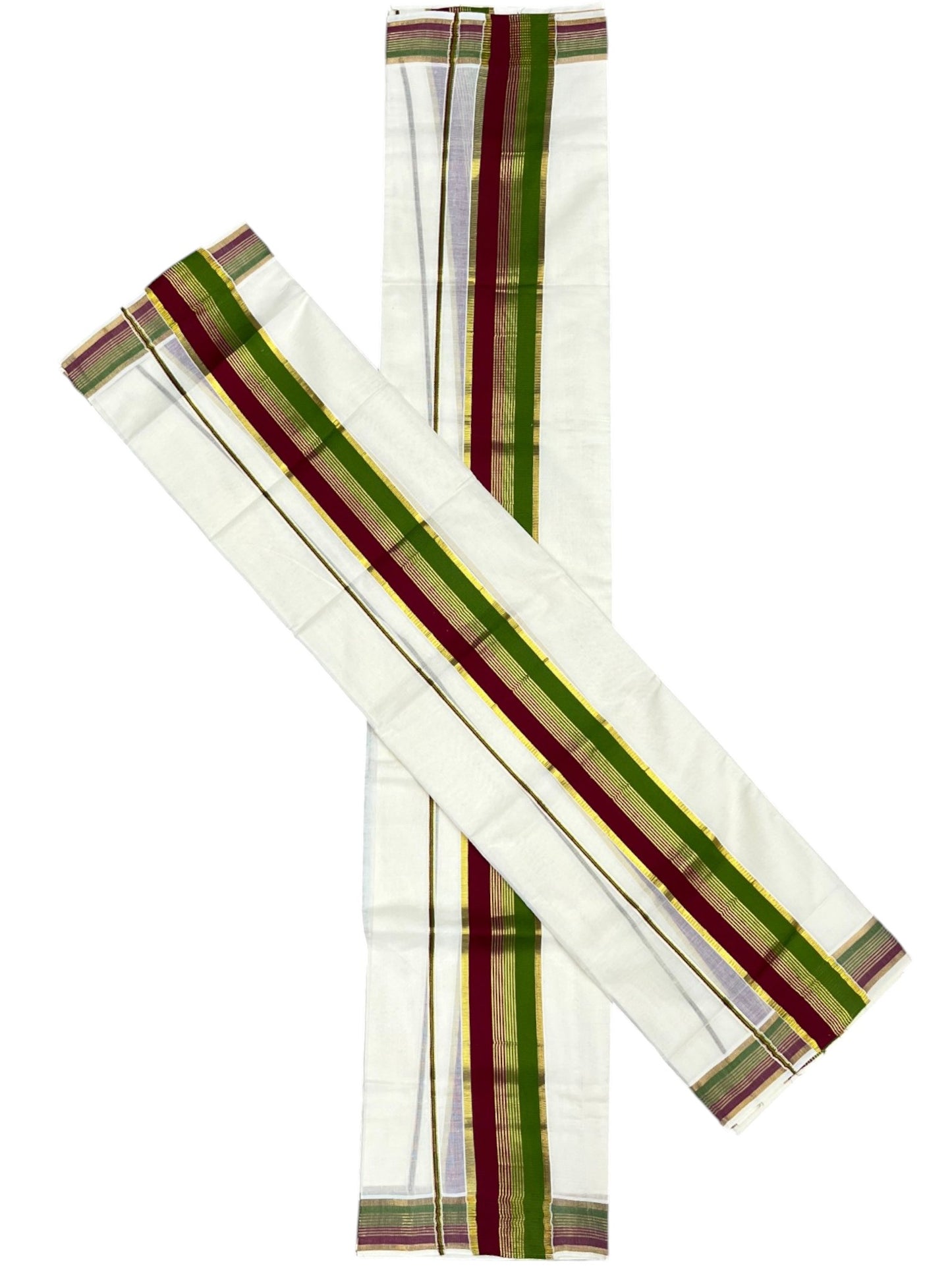 Southloom Kerala Cotton Kasavu Single Set Mundu (Mundum Neriyathum) with Maroon and Olive Green Kasavu Border SLKK