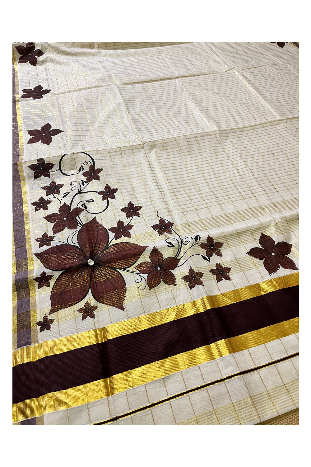 Pure Cotton Kerala Saree with Kasavu Checks and Floral Block Prints on Brown Border