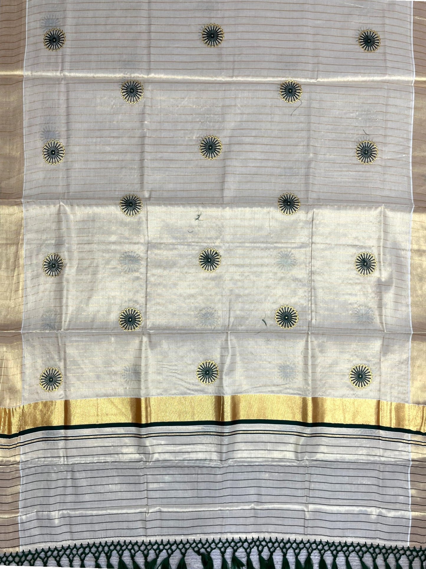 Southloom Kerala Tissue Kasavu Lines Saree with Embroidery Work on Body in Green