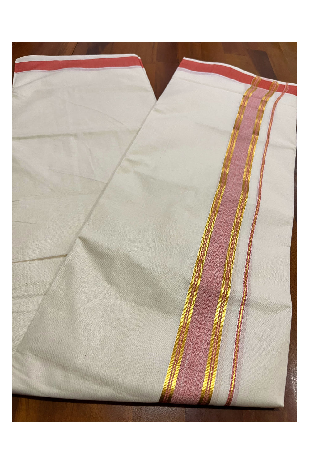 Kerala Pure Cotton Double Mundu with Orange and Kasavu Border (South Indian Kerala Dhoti)