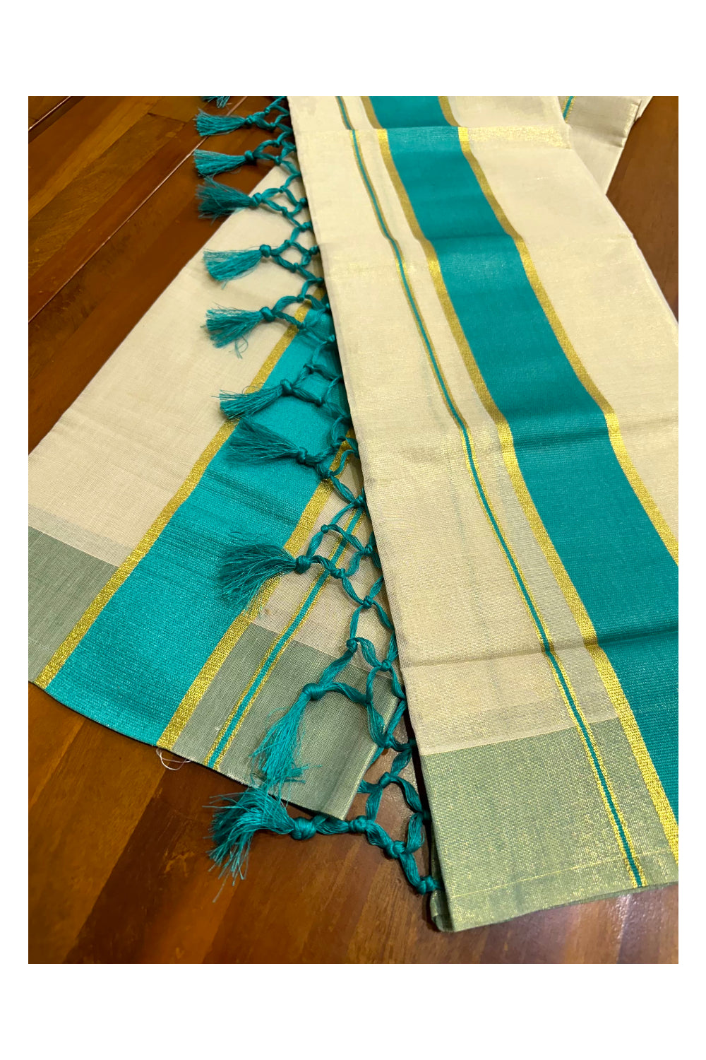 Kerala Tissue Kasavu Set Mundu (Mundum Neriyathum) with Turquoise Border Tassels on Pallu 2.80 Mtrs (Vishu 2024 Collection)