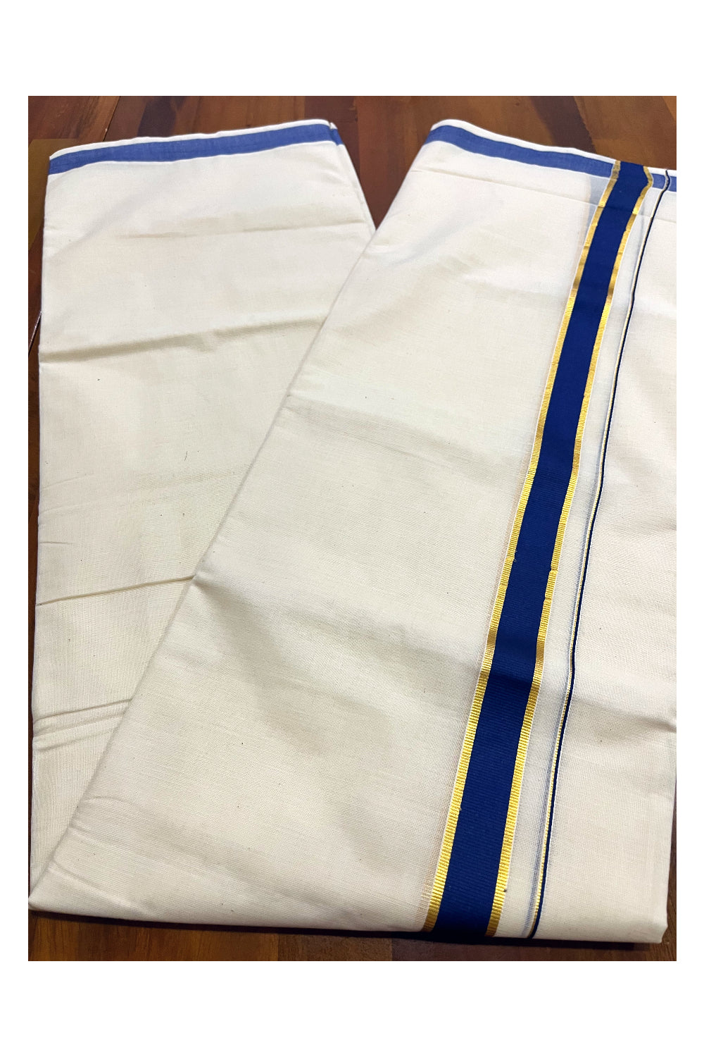 Pure Cotton Mundu with Blue and Kasavu Border (South Indian Kerala Dhoti)