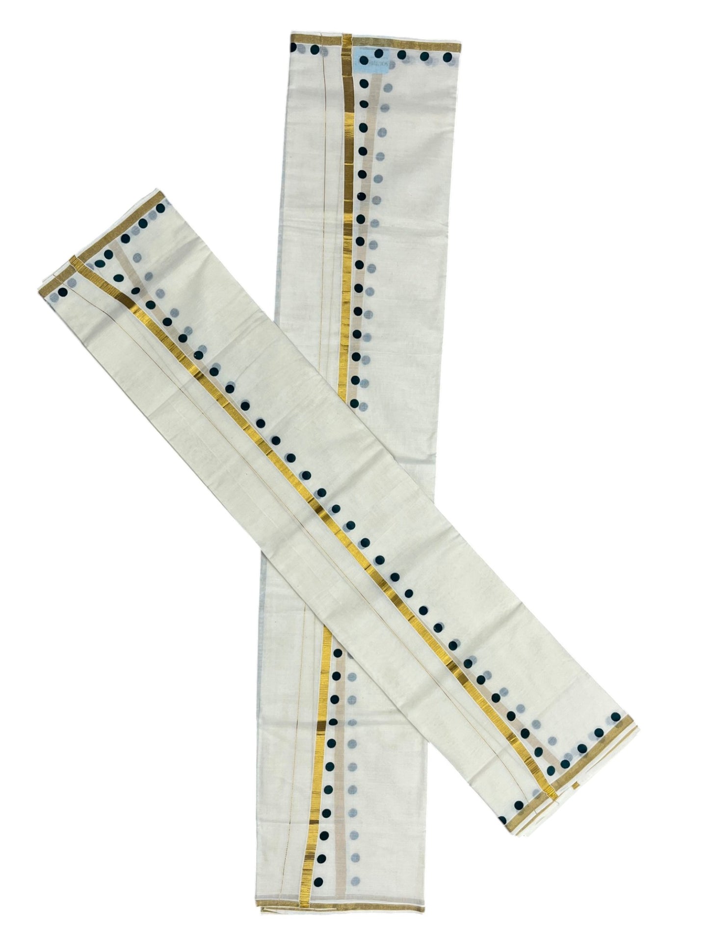 Southloom Pure Cotton Kerala Single Set Mundu (Mundum Neriyathum) with Polka Dots in Green 2.80 Mtrs