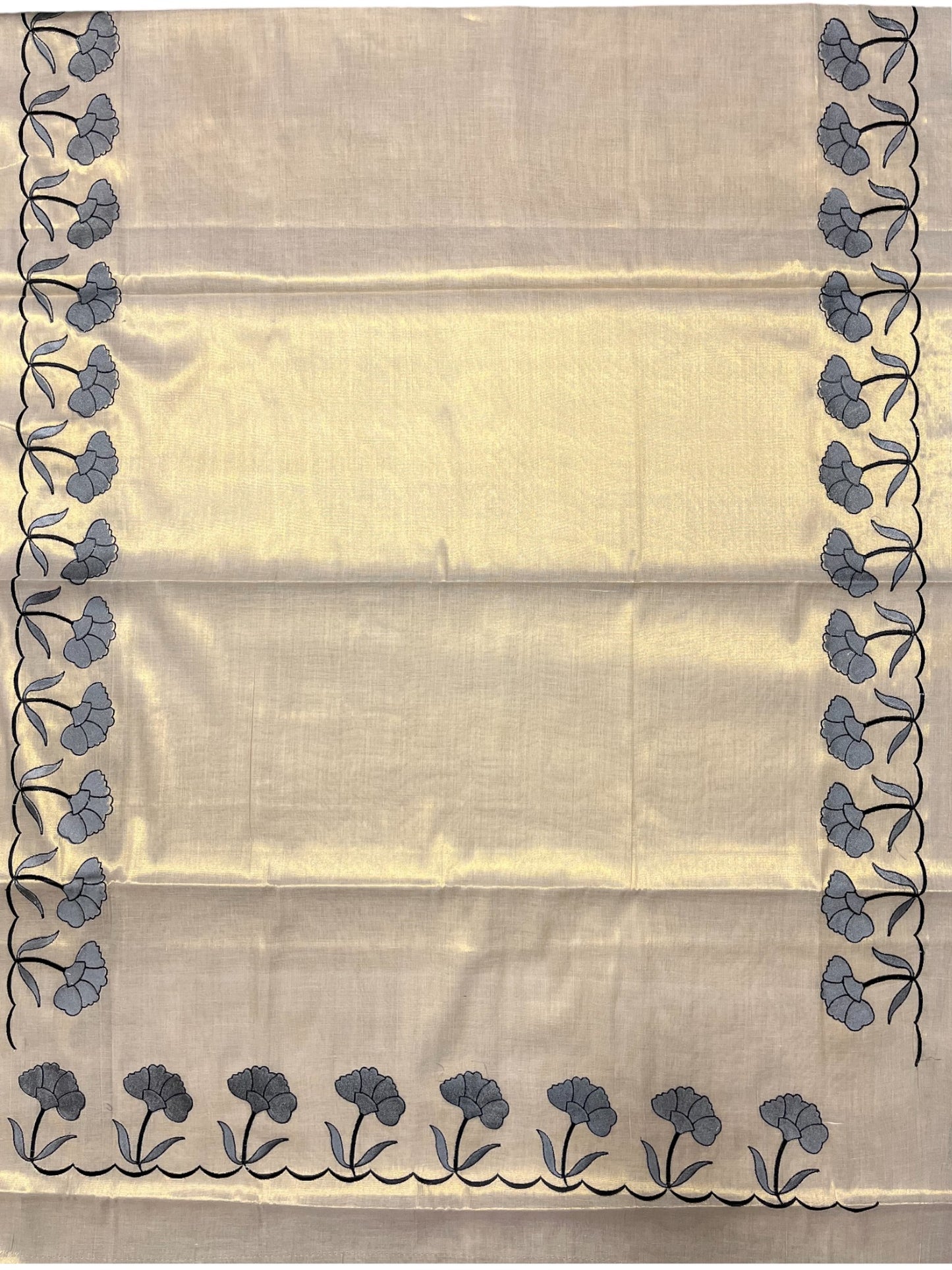 Southloom Cotton Kerala Saree with Grey Floral Embroidery Design on Border