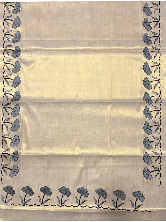 Southloom Cotton Kerala Saree with Grey Floral Embroidery Design on Border