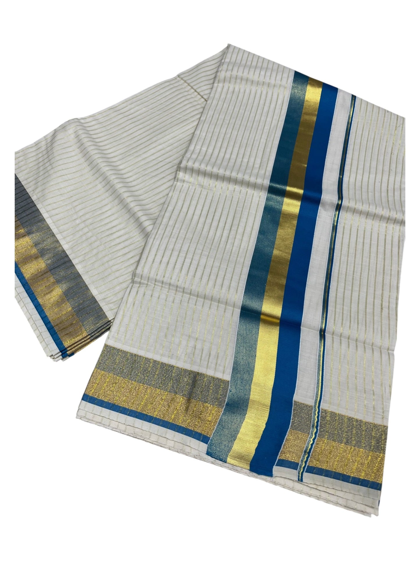 Southloom Pure Cotton Kerala Saree with Gold Kasavu Lines Across Body and Blue Border