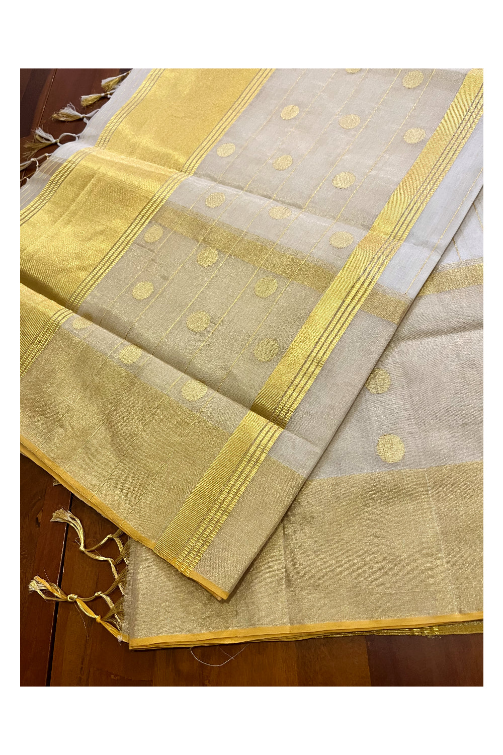 Southloom™ Premium Balaramapuram Handloom Cotton Saree with Kasavu Lines Across Body and Polka Designs on Border