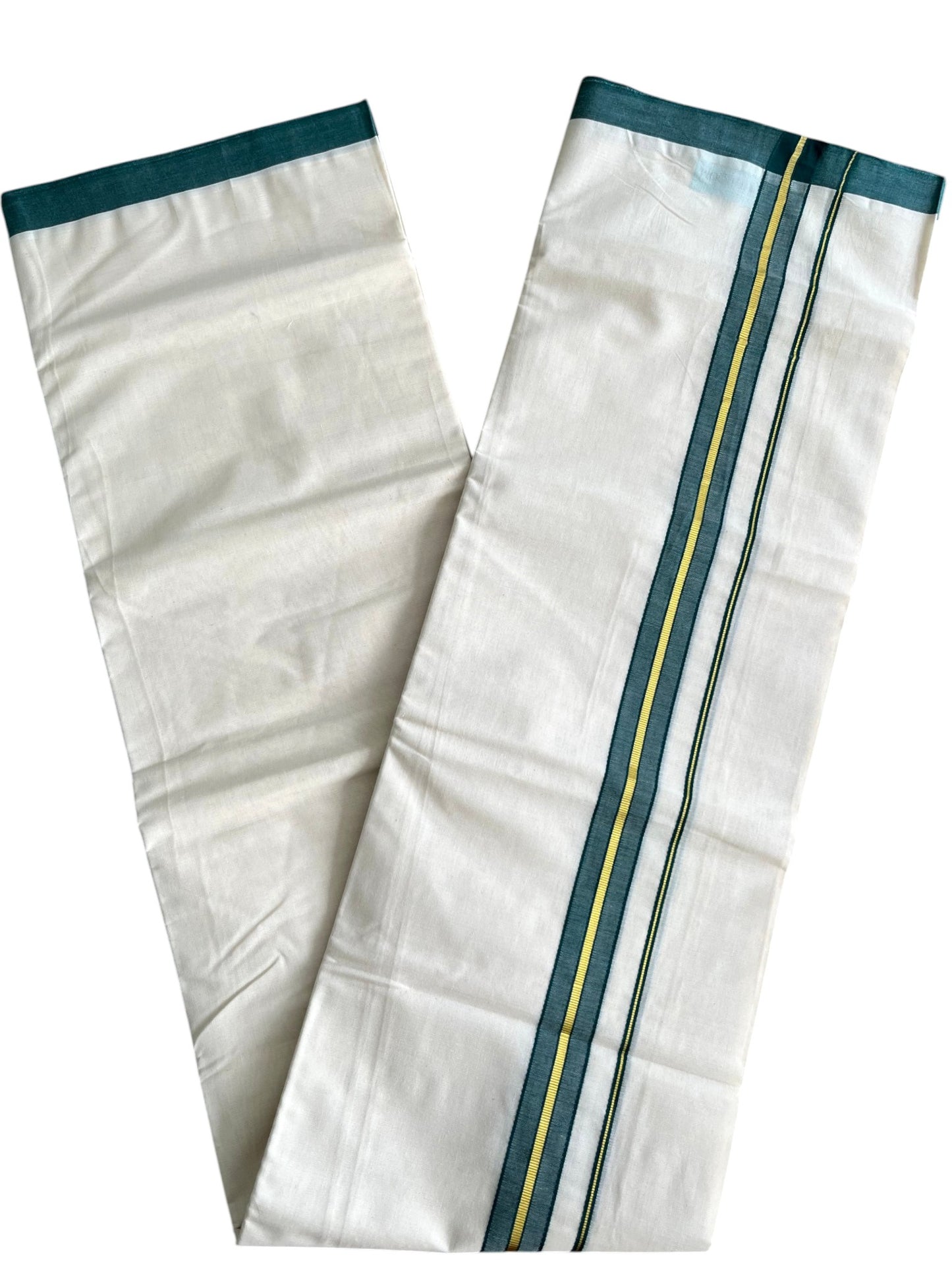 Southloom Pure Cotton Mundu with Golden Lines and Peacock Green Border (South Indian Kerala Dhoti)