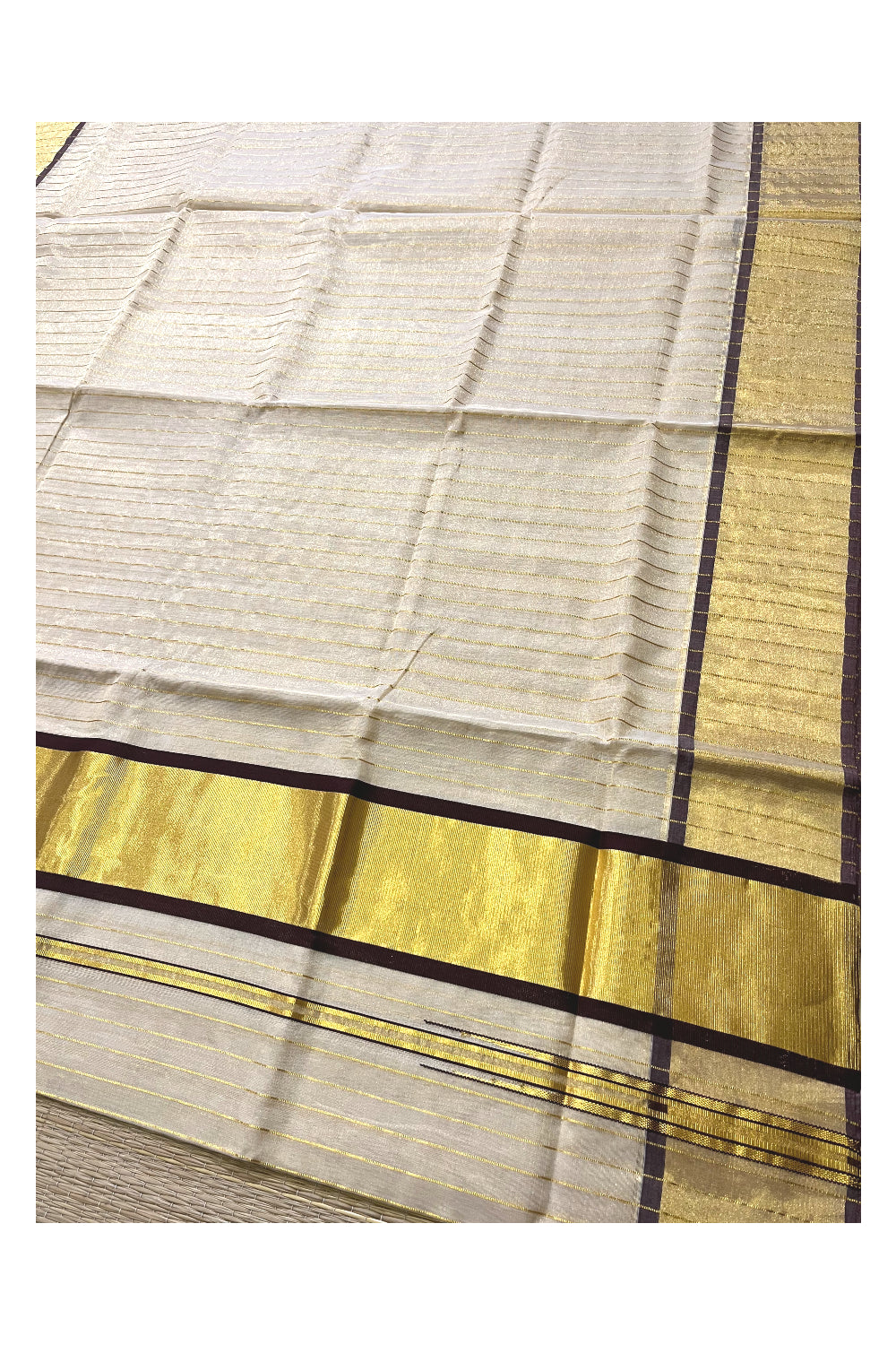 Southloom™ Premium Handloom Tissue Saree with Kasavu Lines Designs Across Body and Dark Brown Border
