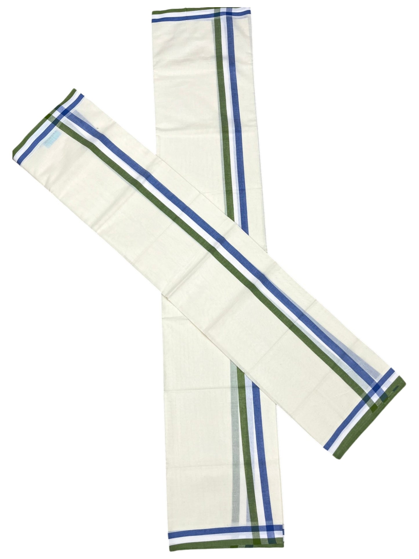 Southloom Pure Cotton Kerala Single Set Mundu (Mundum Neriyathum) Green & Blue Border