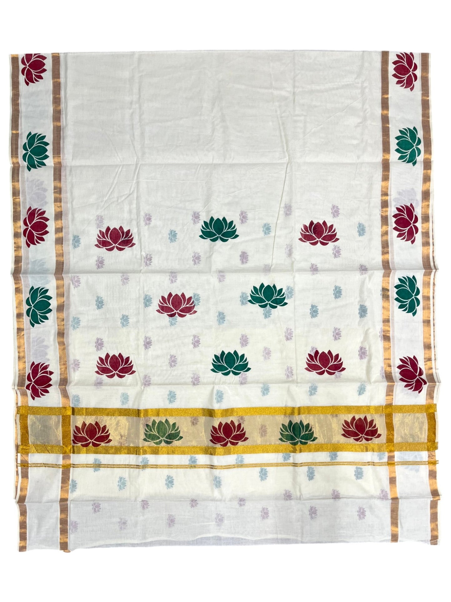 Southloom Cotton Kerala Kasavu Saree with Lotus Block Prints on Body and Border in Maroon and Green