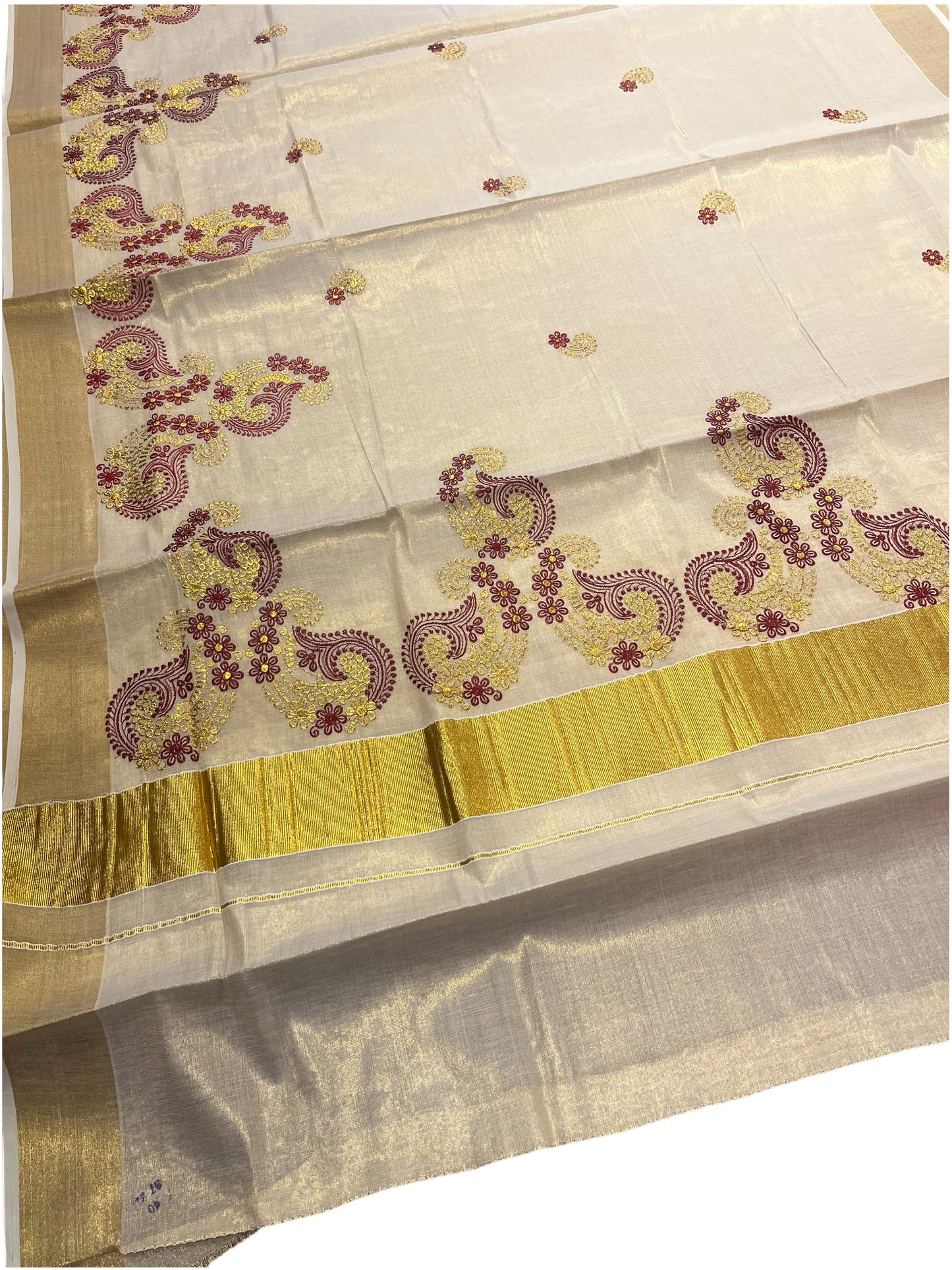 Southloom Kerala Tissue Kasavu Plain Saree with Gold and Maroon Embroidery Works