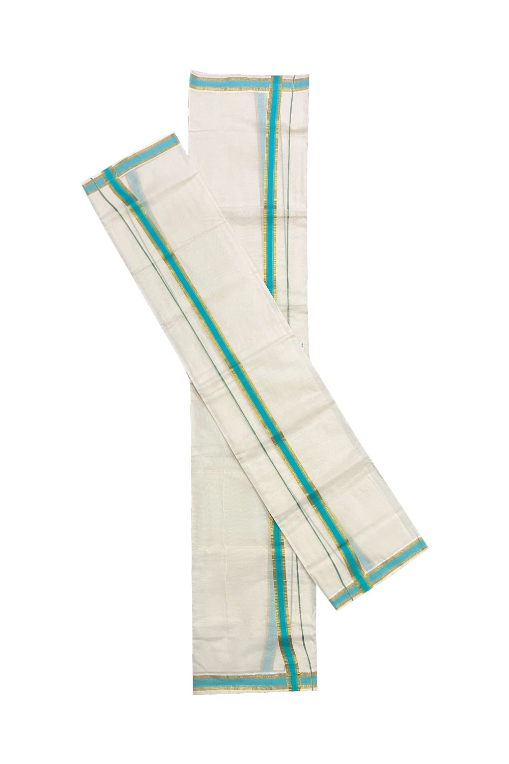 Kerala Cotton Mundum Neriyathum Single (Set Mundu) with Kasavu and Turquoise Border (Onam Set Mundu 2023)