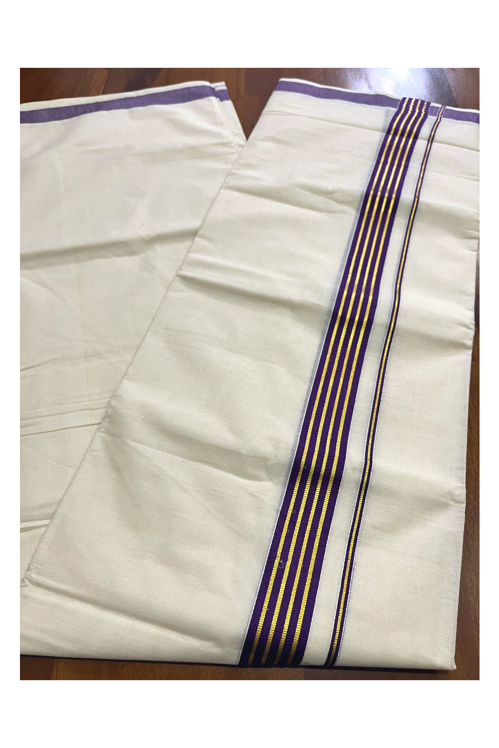 Off White Kerala Cotton Double Mundu with Kasavu and Purple Border (South Indian Kerala Dhoti)