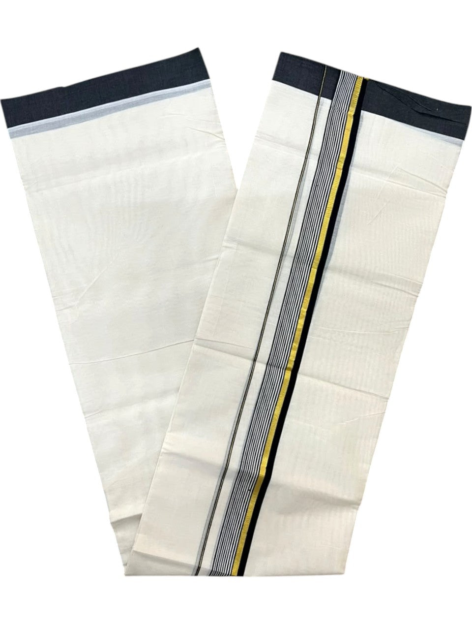 Southloom Balaramapuram Unakkupaavu Premium Handloom Cotton Double Mundu with Gold Kasavu and Black Border
