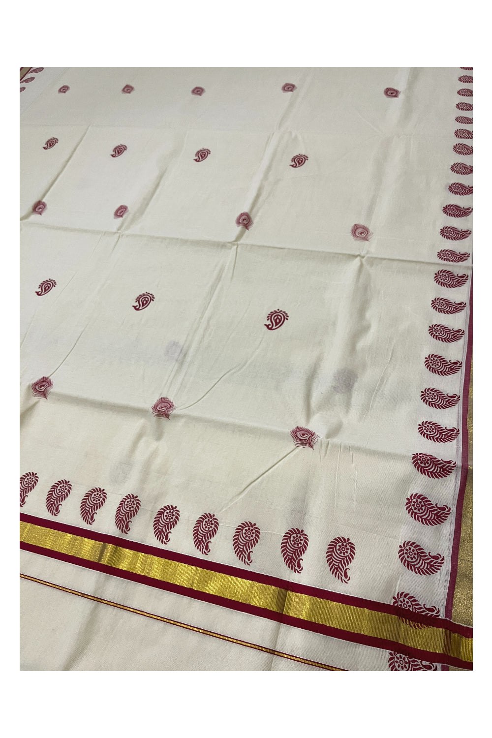 Pure Cotton Kerala Kasavu Saree with Red Feather Block Printed Design