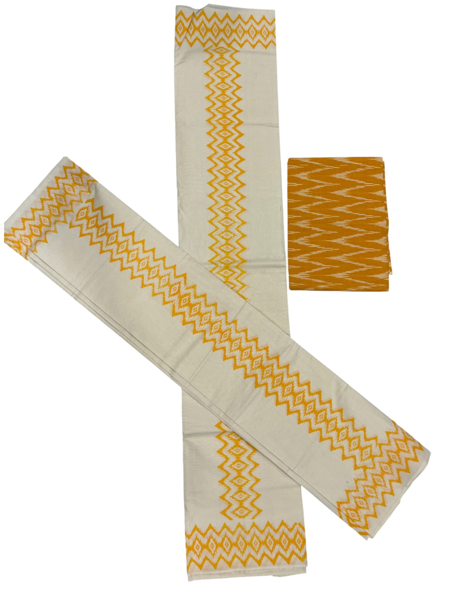 Southloom Ikat Design Yellow Printed Set Mundu with Blouse Piece 2.80Mtrs