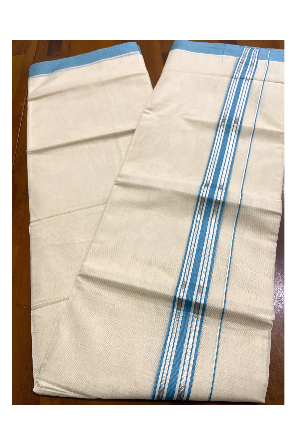 Kerala Pure Cotton Double Mundu with Silver Kasavu and Light Blue Border (South Indian Kerala Dhoti)