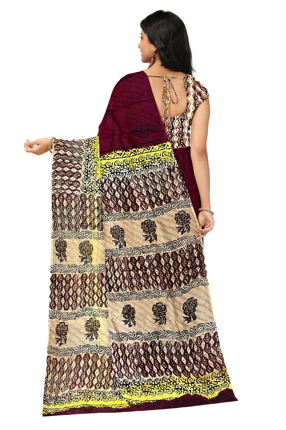 Southloom Maroon Crepe Fabric Saree with Brown Printed Blouse Piece