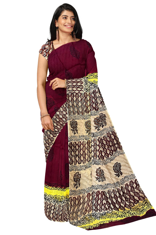 Southloom Maroon Crepe Fabric Saree with Brown Printed Blouse Piece