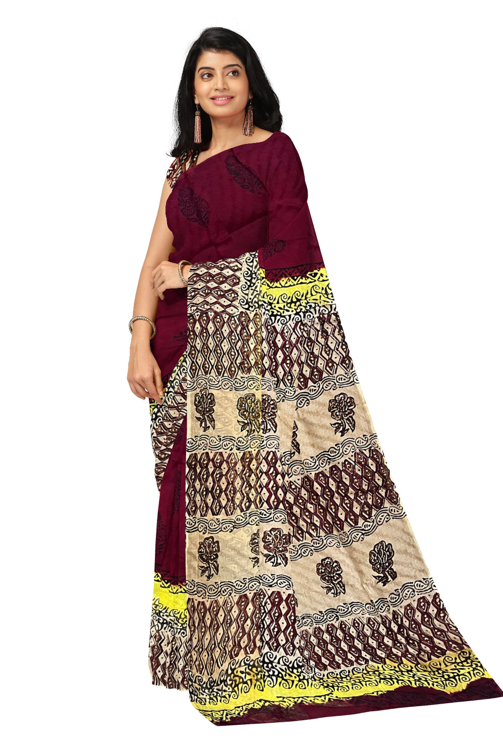 Southloom Maroon Crepe Fabric Saree with Brown Printed Blouse Piece