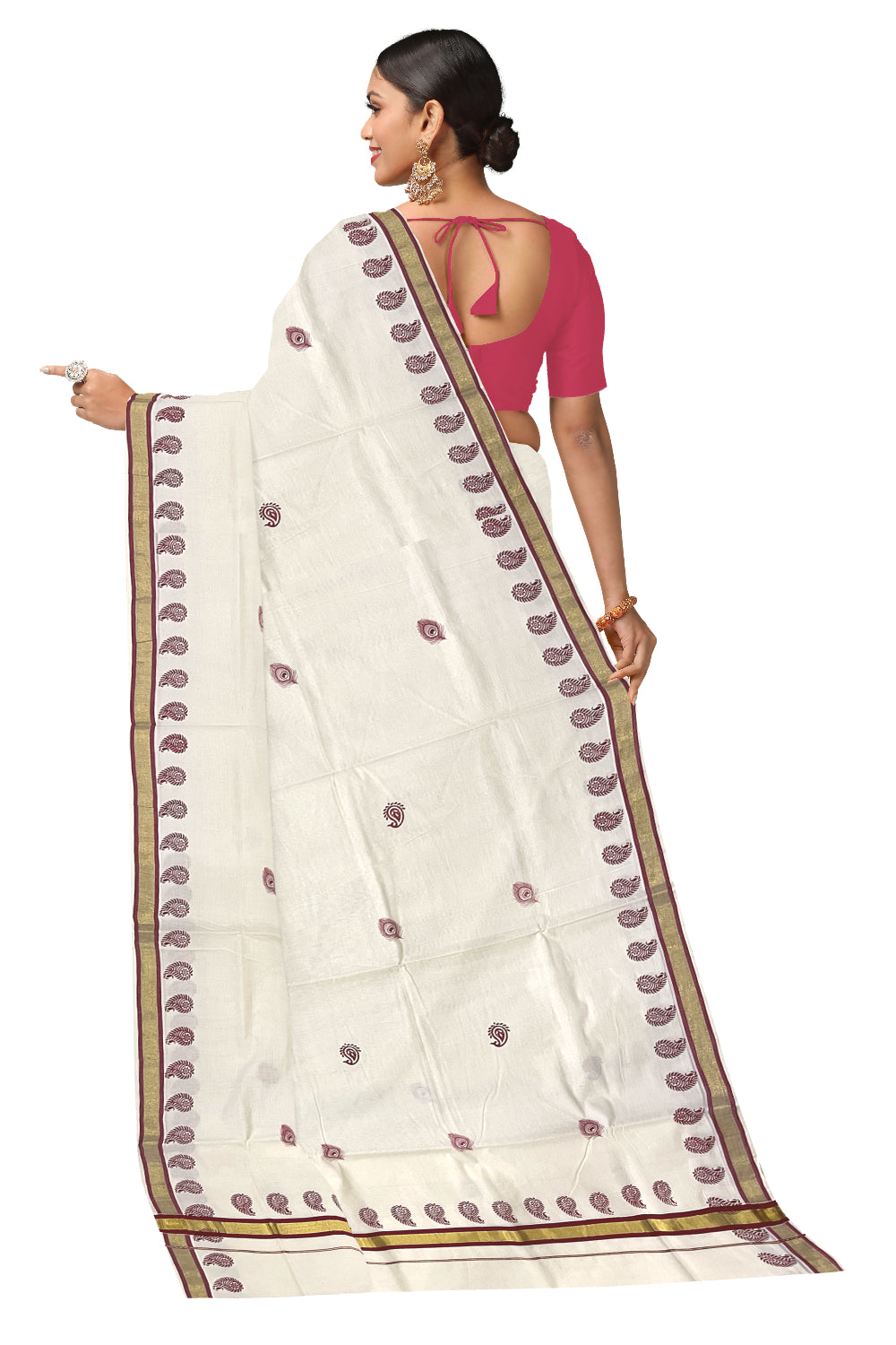 Pure Cotton Kerala Kasavu Saree with Red Feather Block Printed Design