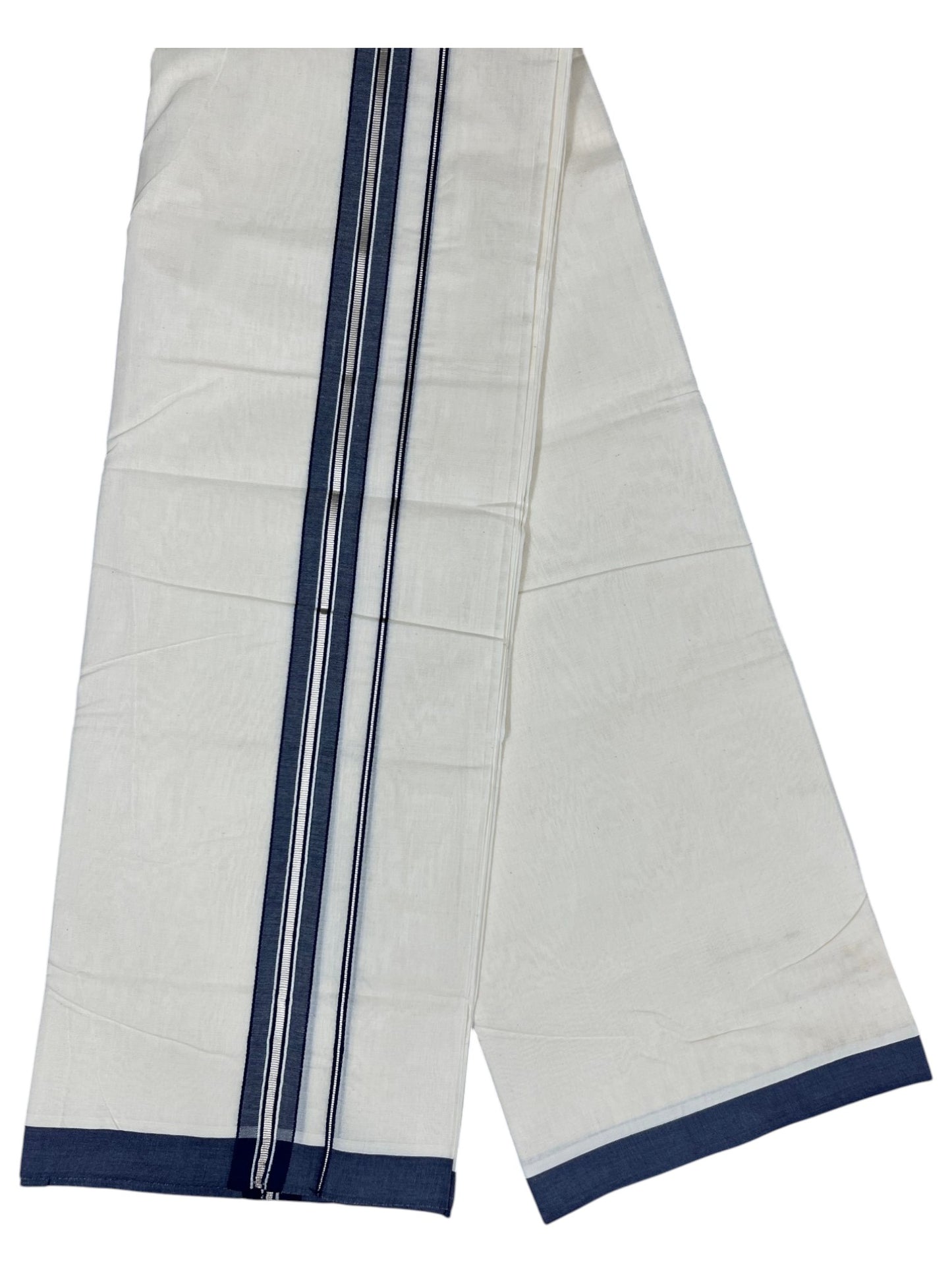 Southloom Pure Cotton Mundu with Silver Lines and Blue Border (South Indian Kerala Dhoti)