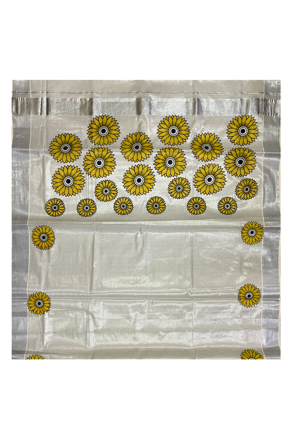 Southloom Exclusive Silver Tissue Kasavu Saree With Sunflower Art On Body and Pallu