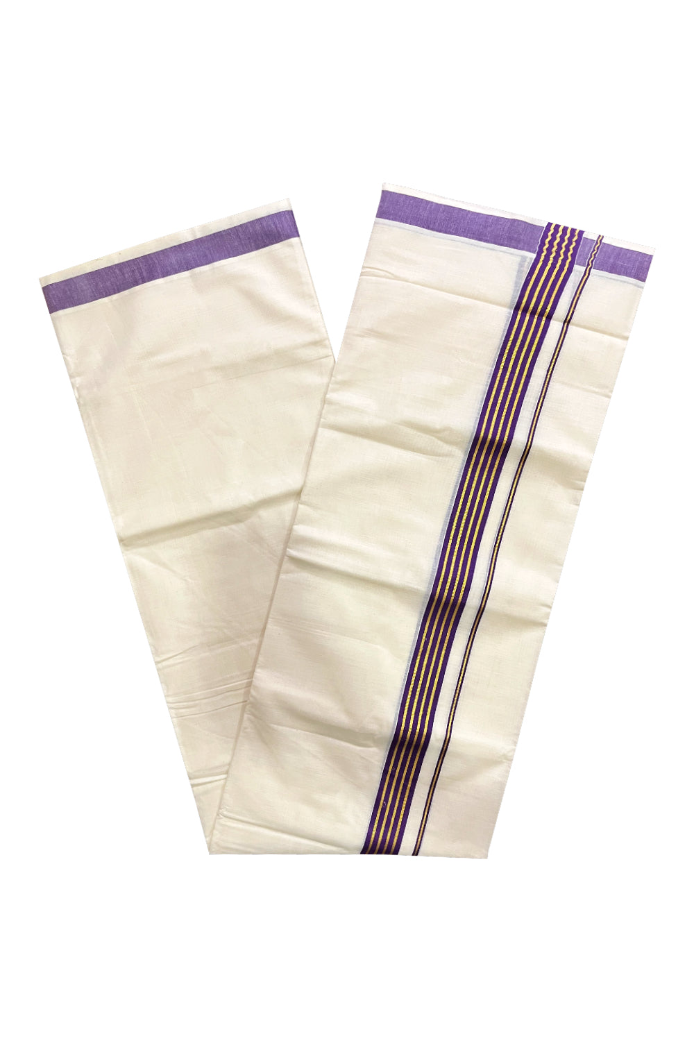 Off White Kerala Cotton Double Mundu with Kasavu and Purple Border (South Indian Kerala Dhoti)