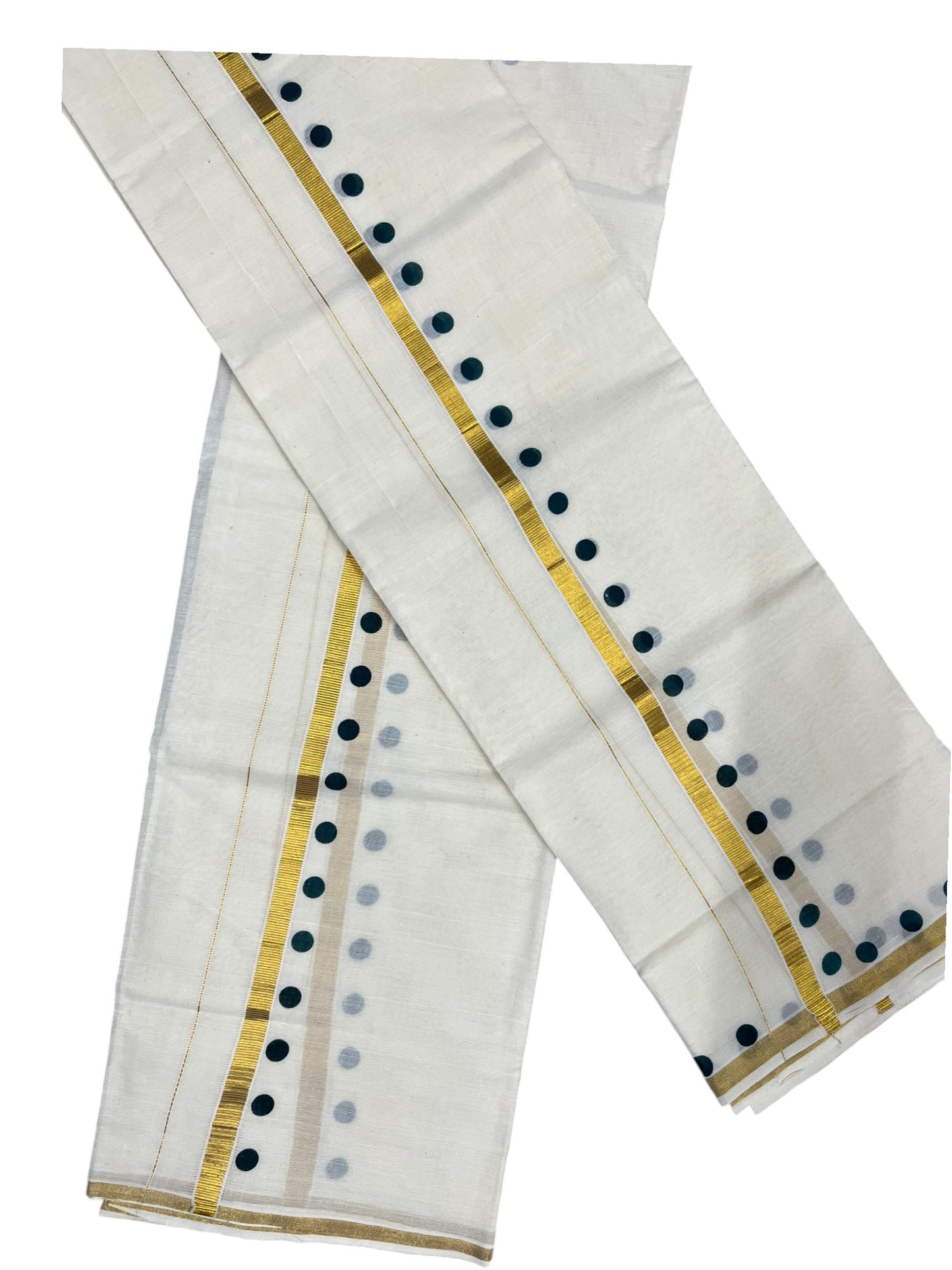 Southloom Pure Cotton Kerala Single Set Mundu (Mundum Neriyathum) with Polka Dots in Green 2.80 Mtrs