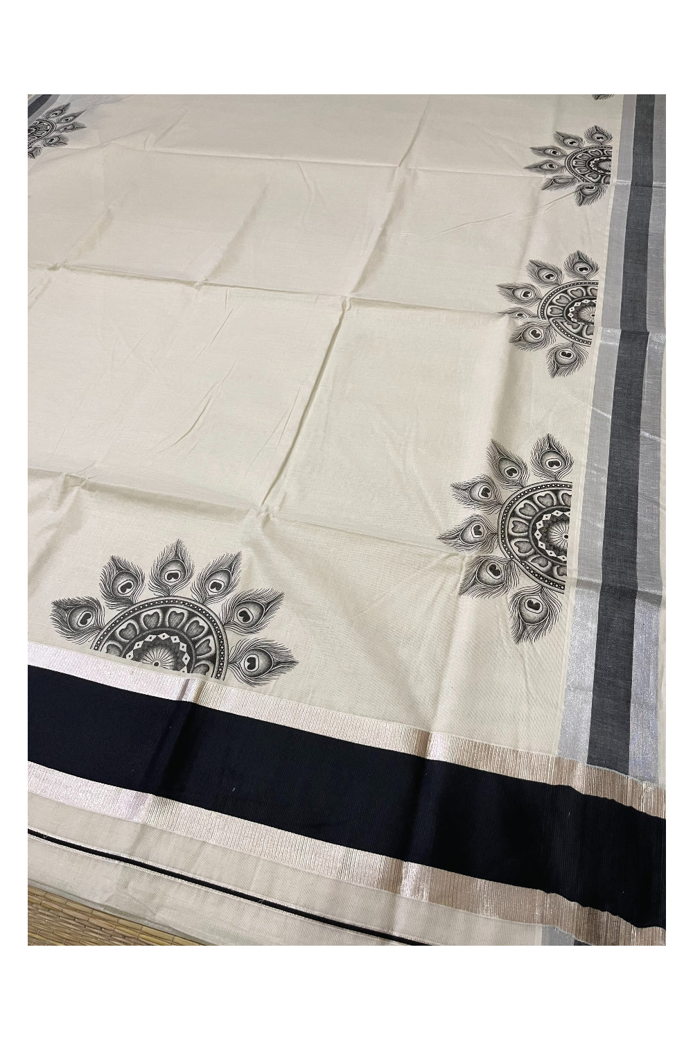 Pure Cotton Kerala Silver Kasavu Saree with Semi Circle Feather Mural Prints and Black Border (Onam Saree 2023)