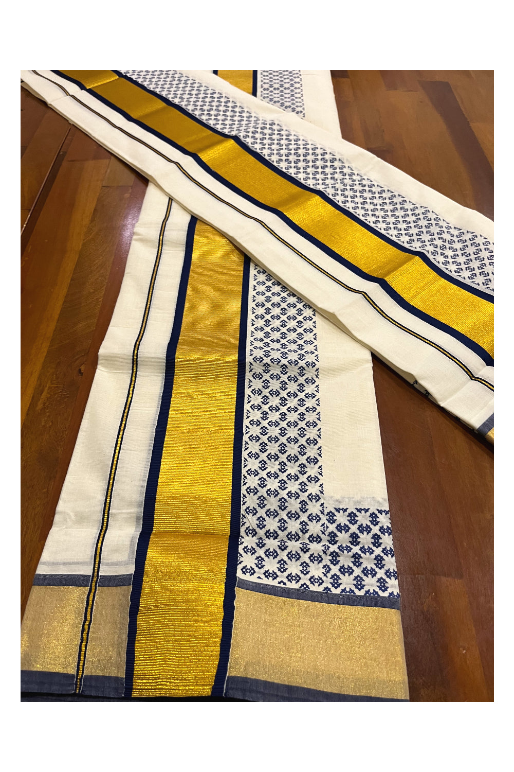 Pure Cotton Kerala Single Set Mundu (Mundum Neriyathum) with Blue Block Printed Kasavu Border