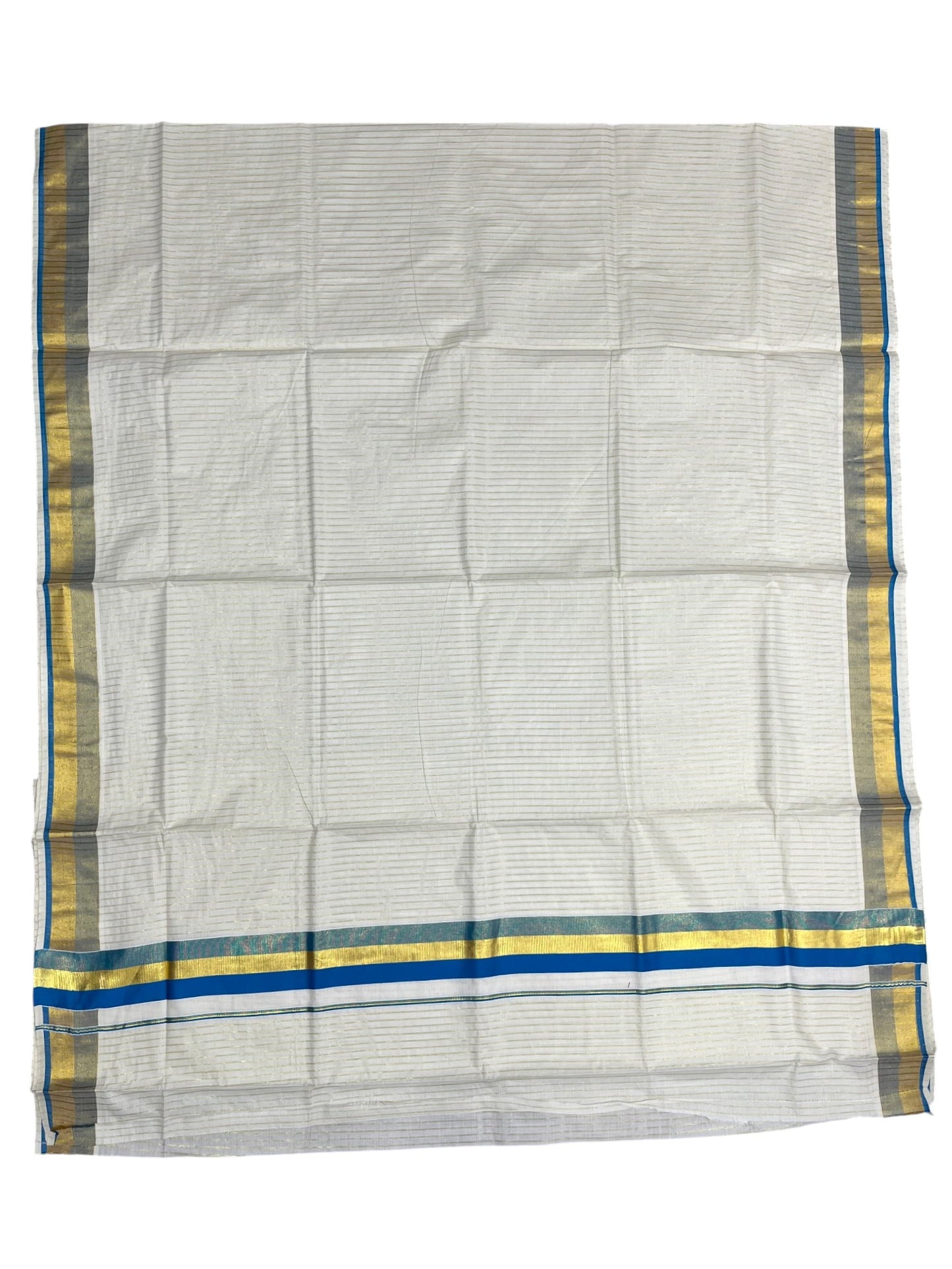 Southloom Pure Cotton Kerala Saree with Gold Kasavu Lines Across Body and Blue Border
