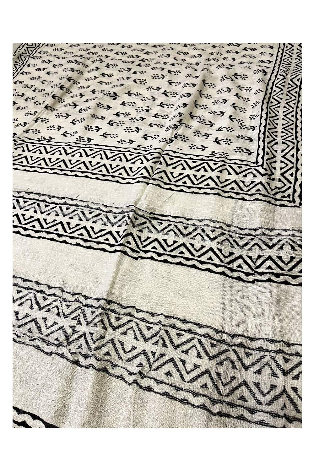 Southloom Linen Pure White Designer Saree with Black Prints and Tassels