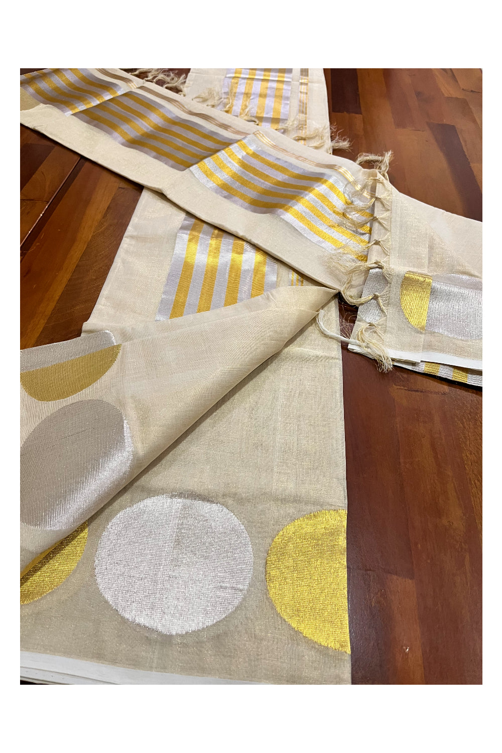 Southloom Handloom Premium Tissue Golden and Silver Kasavu Woven Set Mundu (Mundum Neriyathum)