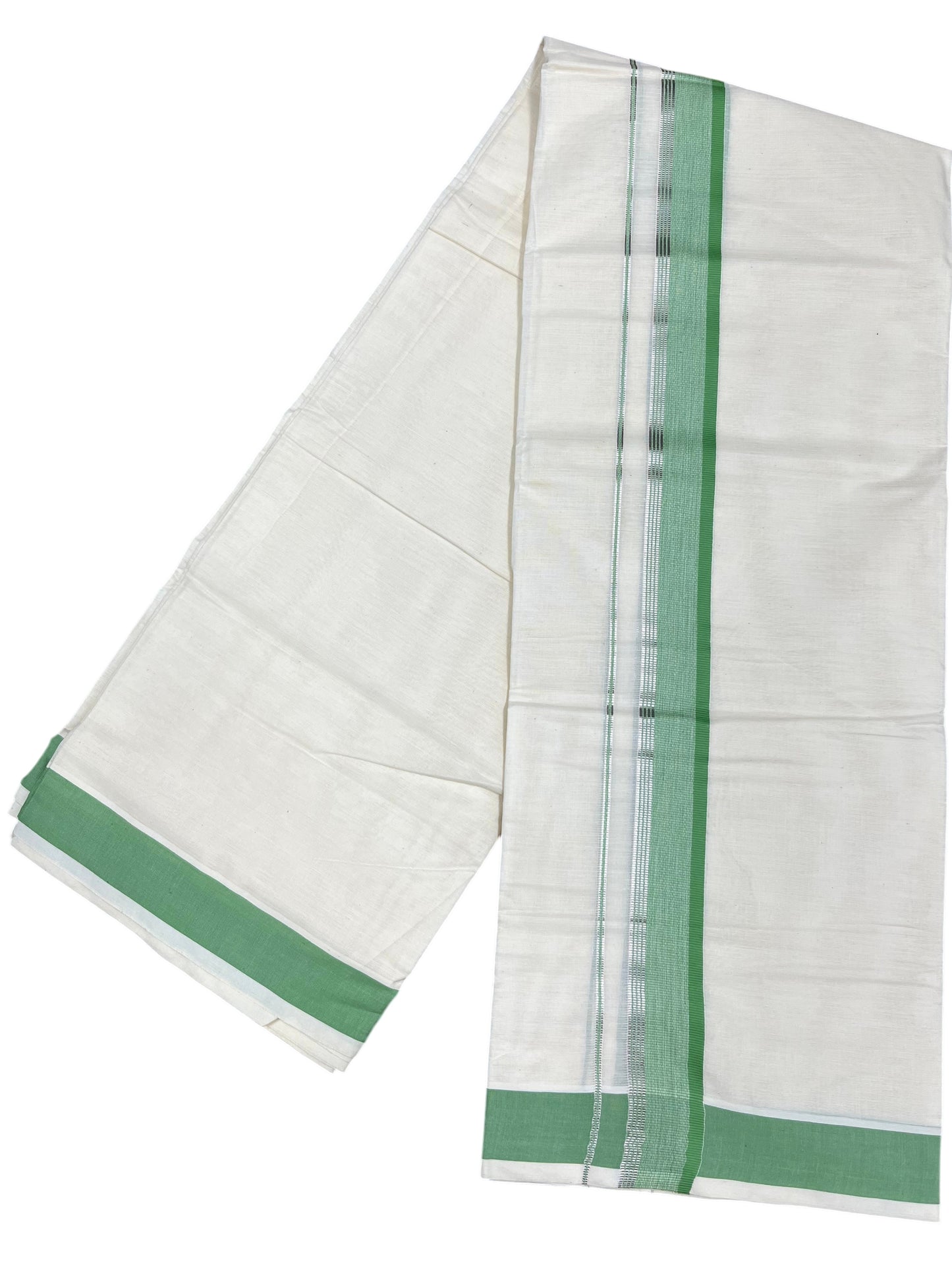 Southloom Pure Cotton Mundu with Green & Silver Lines Border (South Indian Kerala Dhoti)
